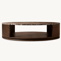 Table basse ronde moderne de luxe avec plateau en pierre et base en bois massif, élégante table centrale circulaire pour le salon