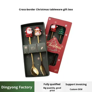 Bộ đồ ăn Giáng sinh cổ điển, thìa dĩa lớn, sang trọng, dùng một lần, kim loại, dễ thương, dành cho trẻ em, hộp quà tặng - Product Image 3