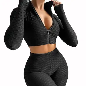 Factory Recycle Eco Friendly Yoga Wear Long Sleeve Bubble With Zipper Yoga Top And Shorts Set Gym Wear Leggings For Wome