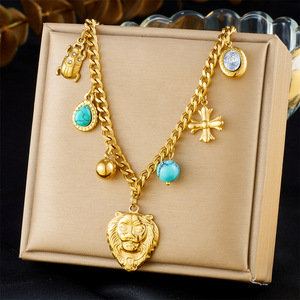 Fashion Pendant Necklace Stainless Steel Lion Head Turquoise Cross Ladybug Charm Chain Jewelry Gift For Women - Product Image 1