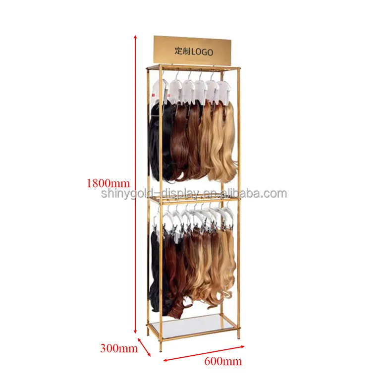 Custom Logo Salon Gold Metal Human Hair Rack Pruik Shop Display Plank Vloer Staande Hair Extension Display Stand Voor Pruiken