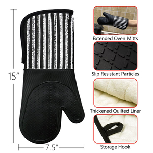Par de Guantes de Silicona Negros para Horno, Forro de Algodón, Diseño Geométrico Estampado con Rayas y Rombos, Impermeables, Antideslizantes y Resistentes a las Quemaduras - Product Image 2