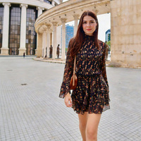 Robe Courte Tricotée à Col Montant Imprimé Floral 100% Polyester, Manches Bouffantes, Taille Empire, Silhouette Évasée, Tissu Respirant, Idéale pour l'Été