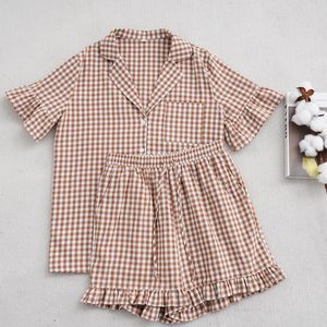 Womens Gingham <b>Pajamas</b> <b>Set</b> 2 Piece Cotton Short Sleeve Shirt With Ruffle Shorts Casual Sleepwear Lounge Wear - Product Image 6