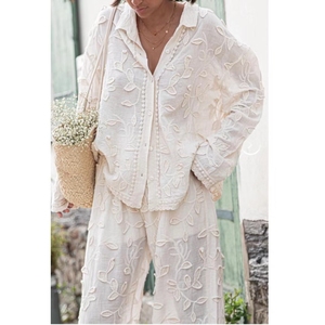 Women's Long Sleeve Shirt Long <b>Pants</b> Pan Flower Silk Jacquard Loose Casual 2 Piece Set Fashion - Product Image 1
