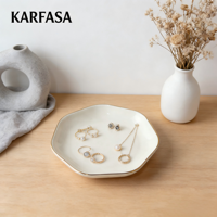 Plateau à bijoux multifonction en porcelaine blanche à bord doré pour le rangement des colliers, des bagues et des boucles d'oreilles