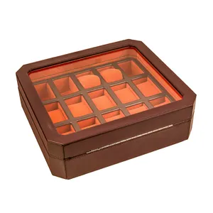 Best Price Cheap Leather Watch Case Packaging Wooden Orange Wrist Collectors Mechanical Watch Pill Box 30 Slots