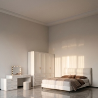 Ensemble de meubles de chambre à coucher modernes en gros : lit rembourré, armoire, miroir, coiffeuse, tabouret – Ensemble de chambre minimaliste pour villa