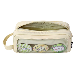 Nylon Pencil Case With Three <b>Cute</b> Character Buttons Transparent Front Pocket <b>Stationery</b> Bag - Product Image 4