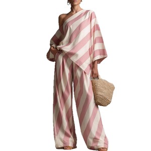 Ensemble décontracté pour femme style bohème à imprimé rayé rétro, haut et pantalon large, automne, tailles SMLXLXXLXXXL, camel, noir, rouge, rose - Product Image 5