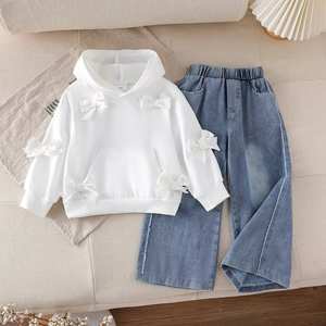 Set Due Pezzi per Ragazze Autunno Inverno: <span class=keywords><strong>Felpa</strong></span> con <span class=keywords><strong>Cappuccio</strong></span> a Maniche Lunghe Tinta Unita e Jeans - Product Image 6