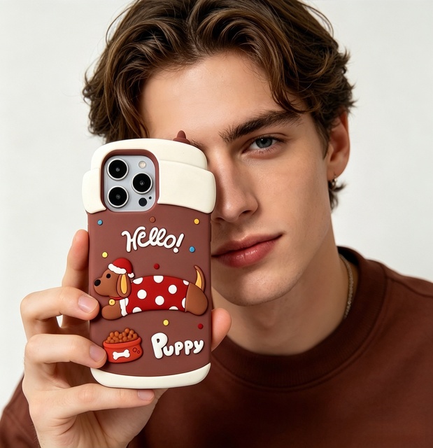 Cute Coffee Cup Christmas Dachshund Cartoon Design Mobile Phone Case Real Silicone 360 Protection Shockproof Hot Stamped