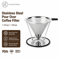 HC Groothandel 304 RVS Pour Over Filter 1-6 Kopjes Fijne Maas Papierloos, Herbruikbare Dripper met Stand OEM ODM Fabriek 5 Stuks