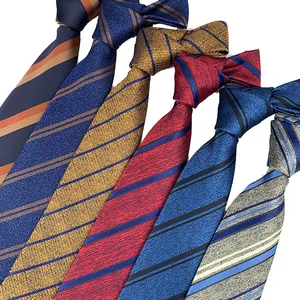 Business Style Modern Gentleman Navy Blue Grenadine Silk Tie with Burgundy Stripes