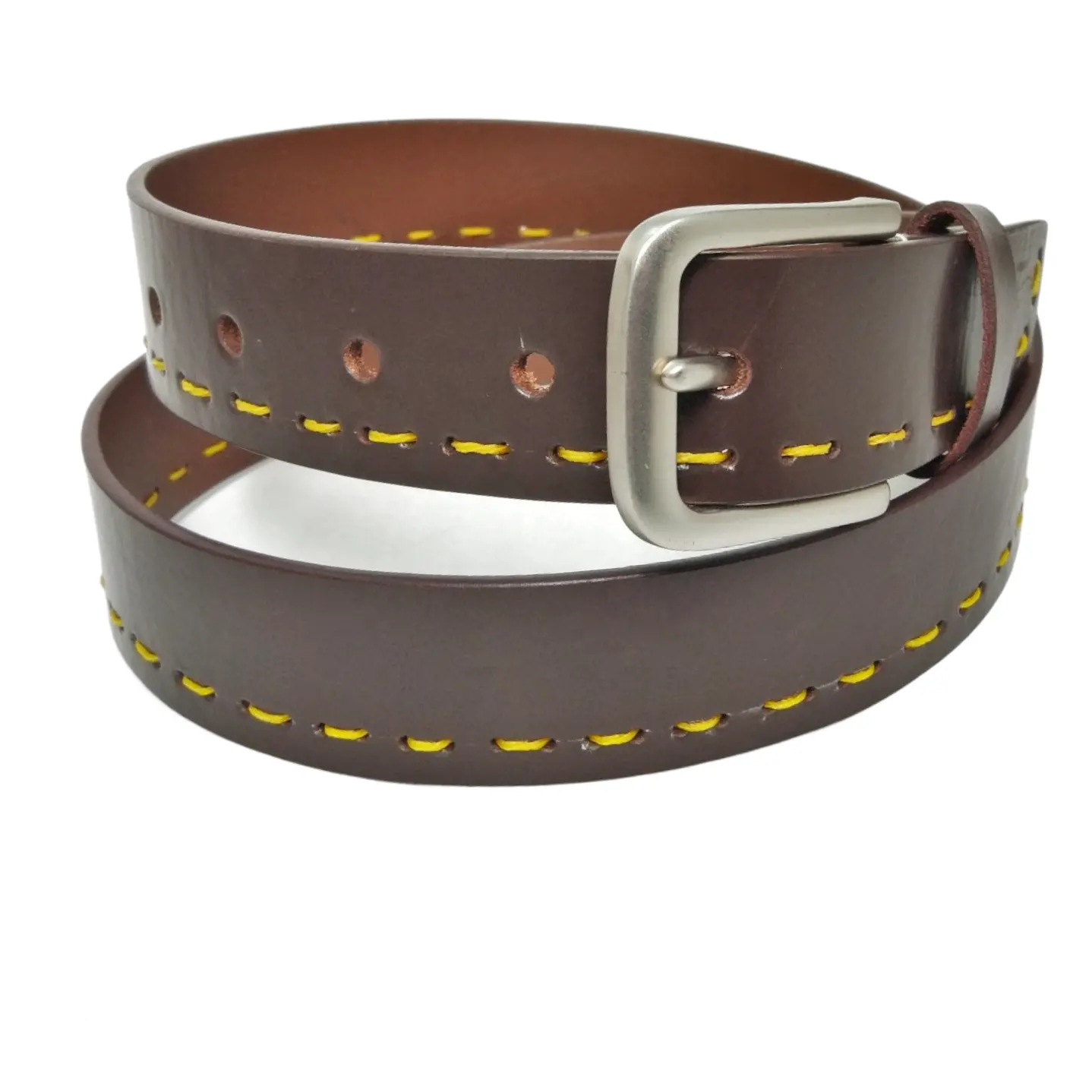 Men's Economical Leather belt for Whole sale Tan leather belt strap with Yellow thick hand stitching