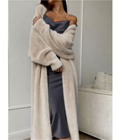 Cardigan décontracté pour femme en polyamide, coupe ample, col en V, longueur cheville, style lounge, en fausse fourrure de lapin, manches bouffantes douces