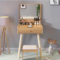 Table de toilette minimaliste moderne avec armoire de rangement, miroir rotatif, pieds en bois massif, petite table de maquillage pour chambre à coucher