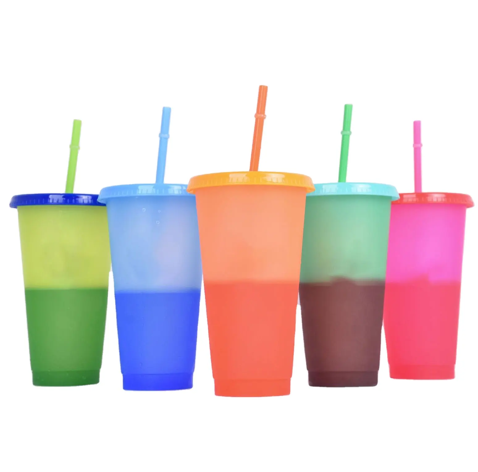 24 oz Bpa Free plastic 5pcs/set cold water cold color changing cup with lids and straw