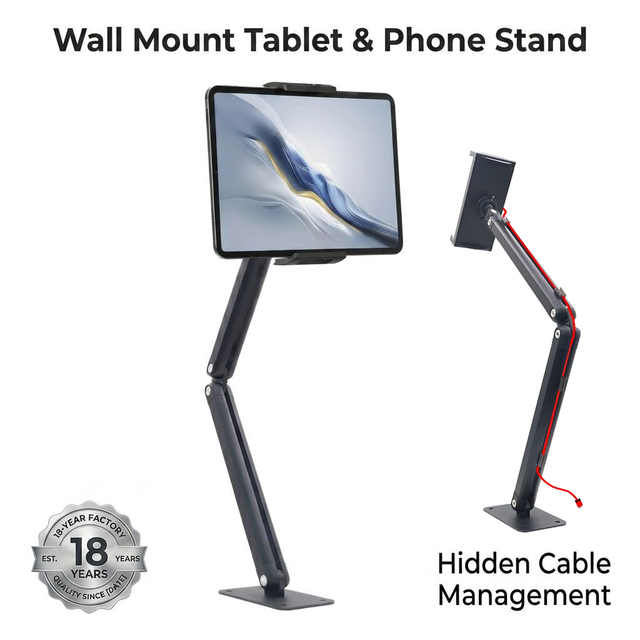 Private Mold Heavy Duty Wall Mount Tablet Stand Adjustable Long Arm Aluminum Phone Holder for Hospital Kitchen Office Bulk
