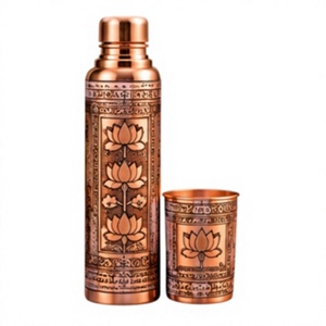 Traditional Copper Water <b>Bottle</b> and Cup Set with Lid Lotus Pattern Portable Travel <b>Thermos</b> Drinkware - Product Image 1
