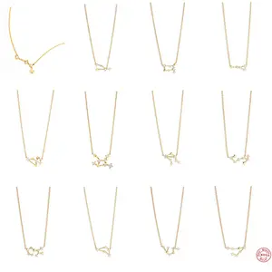 Fashion Jewelry 925 Sterling Silver Zodiac Necklaces 12 Zodiac Stars Diamond Zircon Gold Plated Necklaces For Women