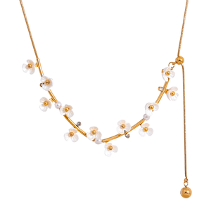 Modische Kreative Perlenkette Goldene Muschelblume Edelstahlkette Länge Verstellbar mit Kordelzug Pullover-Kette Halskette - Product Image 1