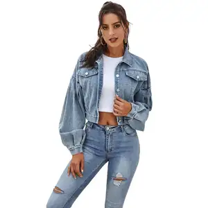 Hazır puf kollu denim ceket boy denim ceket kadın moda yıkanmış kırpma jean ceket toptan