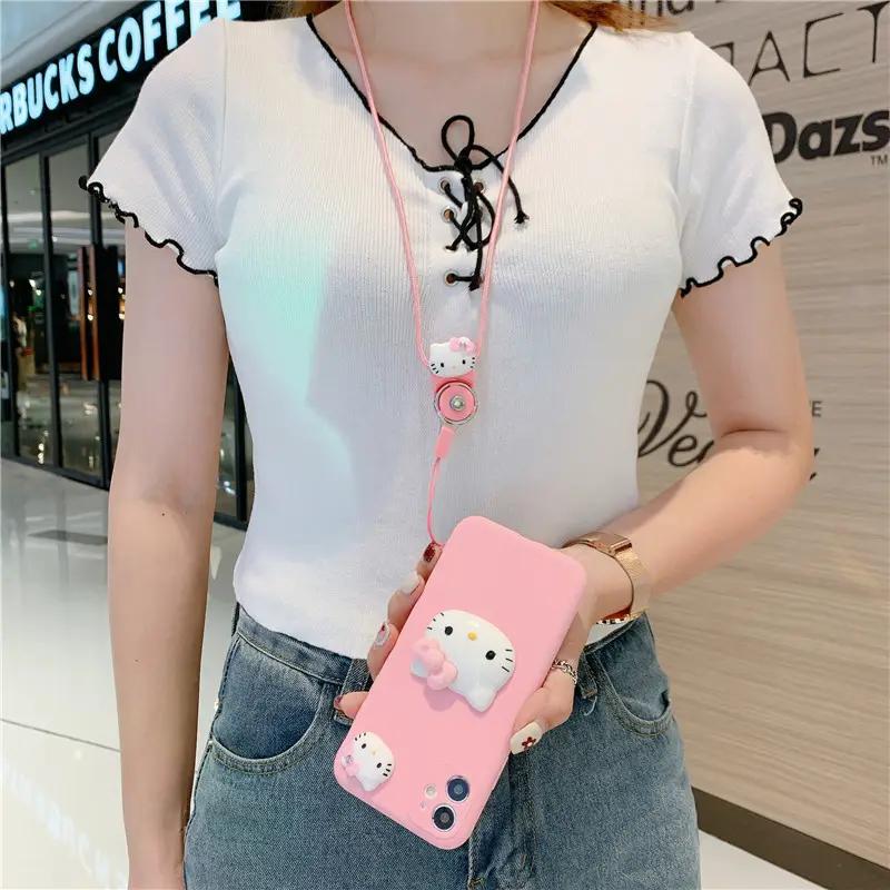 Gran oferta 3D de dibujos animados Hello kitty femenino Rosa cubierta suave cuerda teléfono móvil casos para Apple iphone12 13pro Xs max 8plus 6s XR 7p