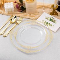 Assiettes jetables vintage en plastique PS transparent doré pour 50 invités, fêtes, mariages, événements de remise de diplômes