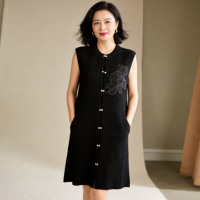 Robe Gilet Tricotée Élégante Personnalisée pour Femme, Cardigan Sans Manches avec Boutons Fleuris en Strass, Robe Longue en Maille Scintillante