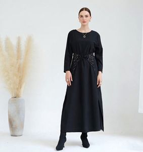 Abito Abaya nero da donna 2025, Maxi abito a maniche lunghe con cintura in vita con perline scintillanti, abito caftano ampio per formale LR464 - Product Image 6