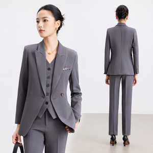 Women's Gray Three Piece Suit Set Slim Fit Formal Wear Autumn Polyester Anti-Wrinkle Office Professional - Product Image 1