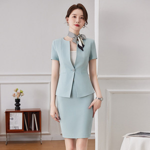 Women's Summer Suit Set Short Sleeve Light Blue Office Lady Two-Piece Anti-Wrinkle Formal Wear - Product Image 1