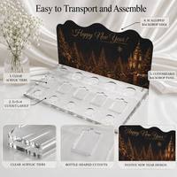 Présentoir pliable portable en acrylique transparent pour échantillons de parfum, avec panneau de fond personnalisé imprimé festonné et découpes en forme de bouteille variées