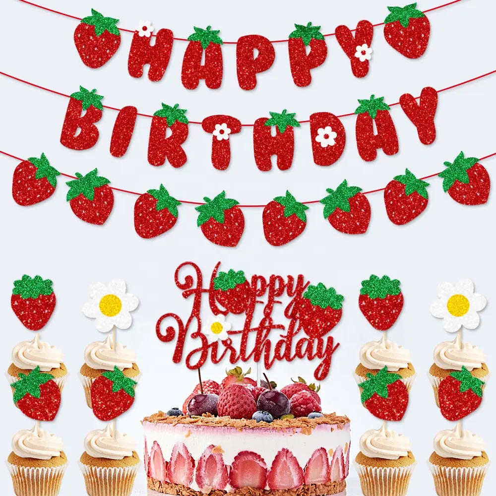 गर्म बिक्री स्ट्रॉबेरी जन्मदिन सजावट बेरी मीठा जन्मदिन आपूर्ति केक कपकेक टॉपर्स ग्रीष्मकालीन फल थीम पार्टी आपूर्ति