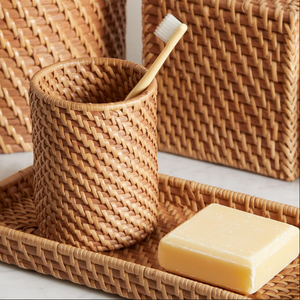 Juego de accesorios de baño de ratán tejido a mano hecho a mano, decoración rústica de mimbre ecológica, organizadores de baño bohemios - Product Image 4