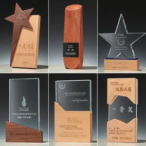 Crystal Glass Trophy Wood Base Awards 3d Laser Customized Logo Black Crystal Base