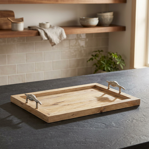 Handmade Decorative Wooden Serving <b>Tray</b> <b>Large</b> Rectangular with Handles & Decorative Floral Carving - Product Image 3