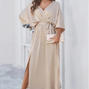 Vestido Midi de Satén Lujoso con Mangas Kimono, Elegante Vestido Largo con Cuello en V, Cintura Atada y Abertura Lateral para Mujer, Ideal para Fiestas, Vacaciones y Uso Casual - Product Image 2