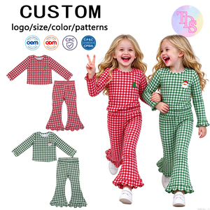 Ensembles de vêtements pour petites filles RTS, Noël, sapins de Noël brodés, haut à manches longues, pantalon évasé à bord festonné, style décontracté et mignon, 2 pièces - Product Image 1