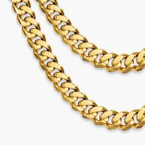 Mens Chain High Polish Stainless Steel 14K Gold Plated 5mm Chunky Curb Cuban Link Chain Necklace