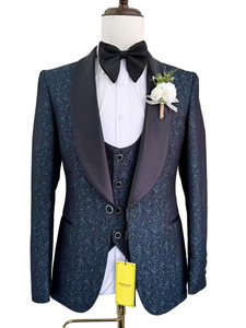 Costume <span class=keywords><strong>Homme</strong></span> Imprimé Bleu Marine, Blazer Simple Boutonnage avec Revers Châle en Soie Noire, <span class=keywords><strong>Ensemble</strong></span> <span class=keywords><strong>Trois</strong></span> Pièces pour Soirées Formelles 2026 - Product Image 3