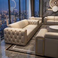 Ensemble de canapés en cuir capitonné beige moderne 3+2+1, mobilier de bureau haut de gamme avec design de style vue sur la ville