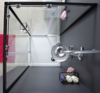 Cabine de douche coulissante carrée chromée 90x90 avec cadre, verre trempé 6 mm, roulettes ovales en laiton