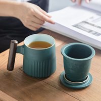 Tasse à thé en céramique avec infuseur et couvercle Tasse à café avec passoire et poignée en bois 13.5 OZ