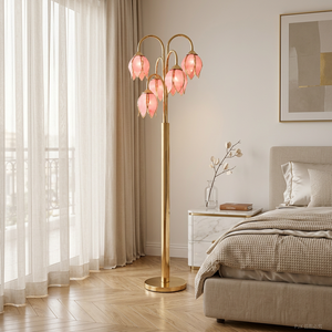 Lampe sur pied moderne romantique en forme de tulipe rose, métal doré, abat-jour en verre, base E26, 180 cm de haut, éclairage d'ambiance pour la maison et l'hôtel - Product Image 4