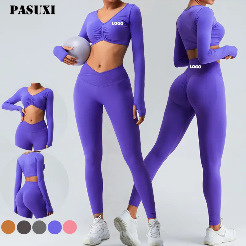 PASUXI 2024 setelan pakaian olahraga wanita, setelan Yoga Logo kustom ukuran besar mulus Gym Fitness