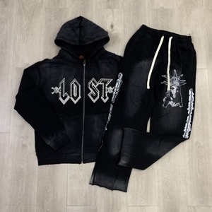 Custom Streetwear Sweatsuit Flare Jogger Sets Custom <b>Tracksuit</b> Sweatpants and Vintage Wash Washed Zip up Hoodie Set for Men - Product Image 1