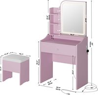 Ensemble de coiffeuse moderne en bois durable avec miroir, éclairage, tabouret, port de charge, tiroirs et étagères