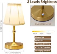 Lampe de table LED sans fil de luxe, esthétique, 5W, rechargeable, à piles, à intensité variable, avec abat-jour en tissu, pour restaurant, bar, maison